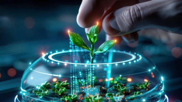 Illustration showing a plant growing in a futuristic petri dish