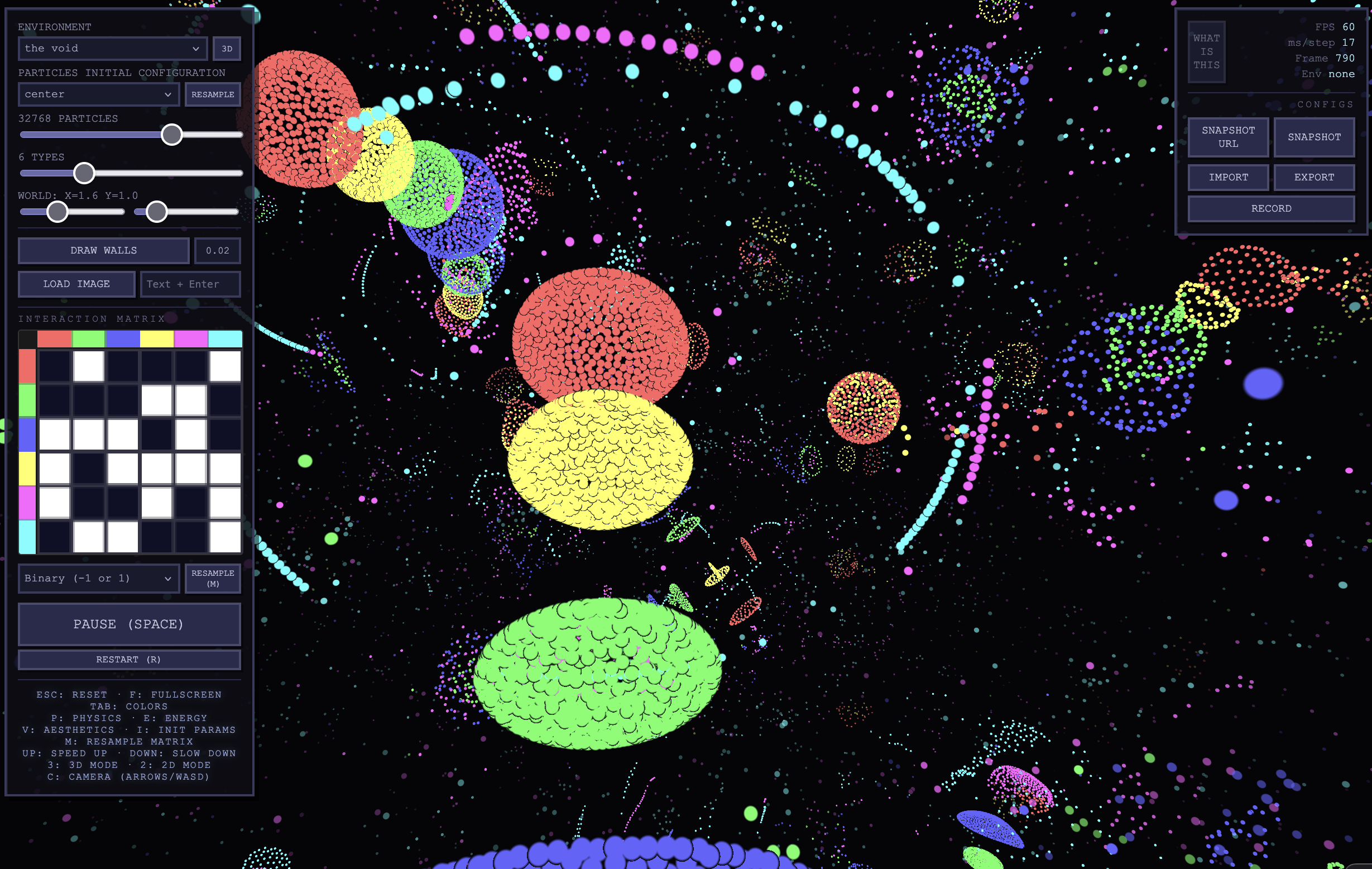 Screenshot showing the UI and a bunch of colorful flowing 3D shapes made of little dots