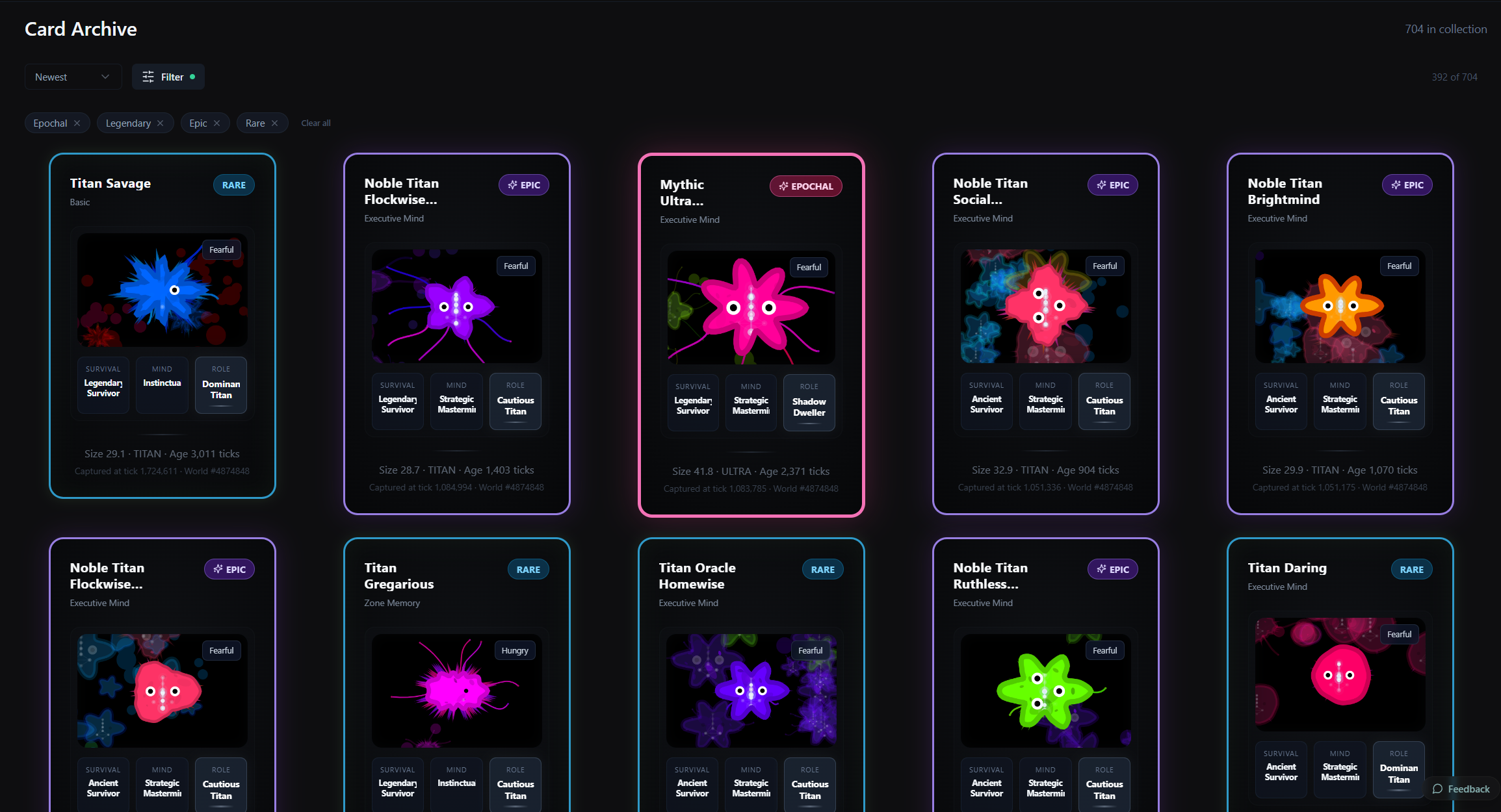 Screenshot of card collection
